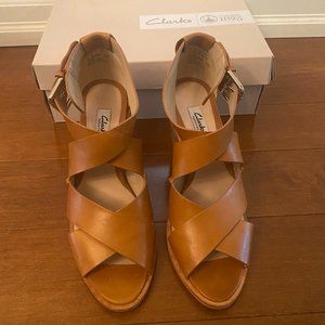 Tan Clarks Stappy Sandals with stacked heel